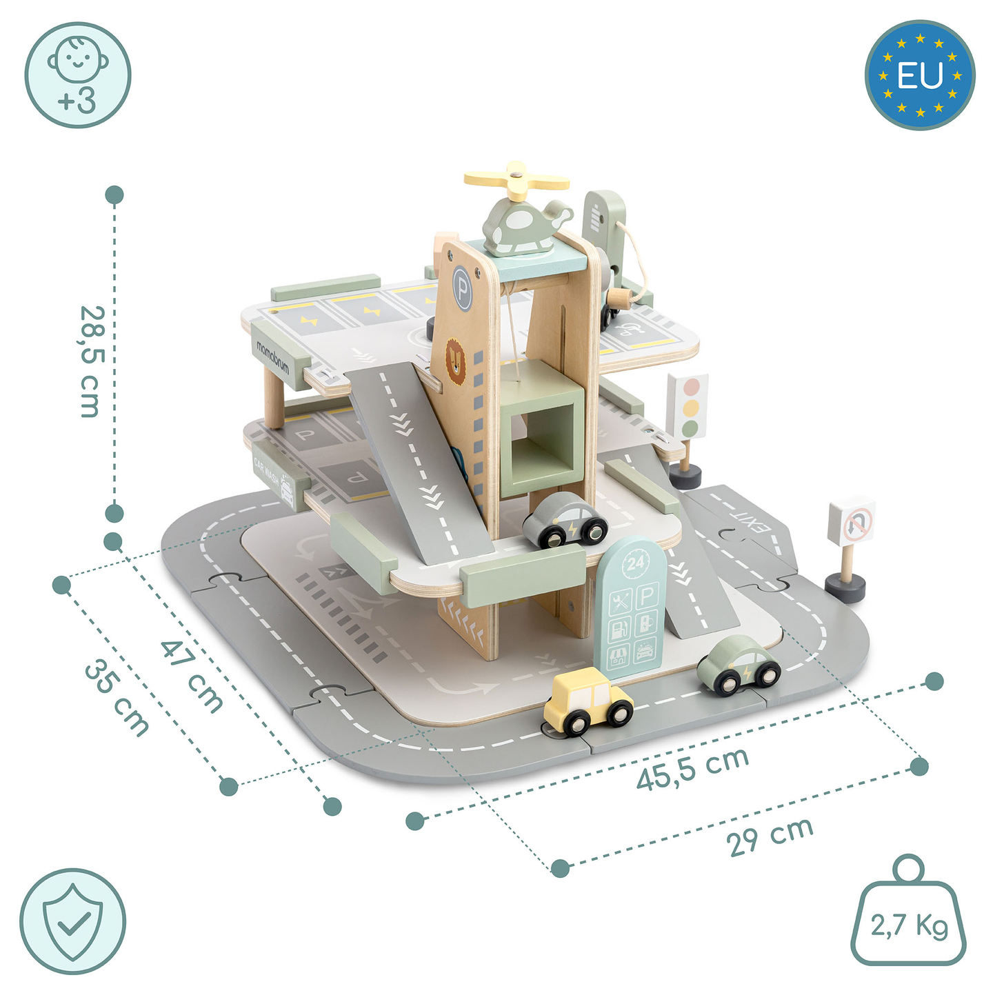 Koka trīsstāvu garāža bērniem ar aksesuāriem – autostāvvieta, degvielas uzpildes stacija, automazgātava, helikopters