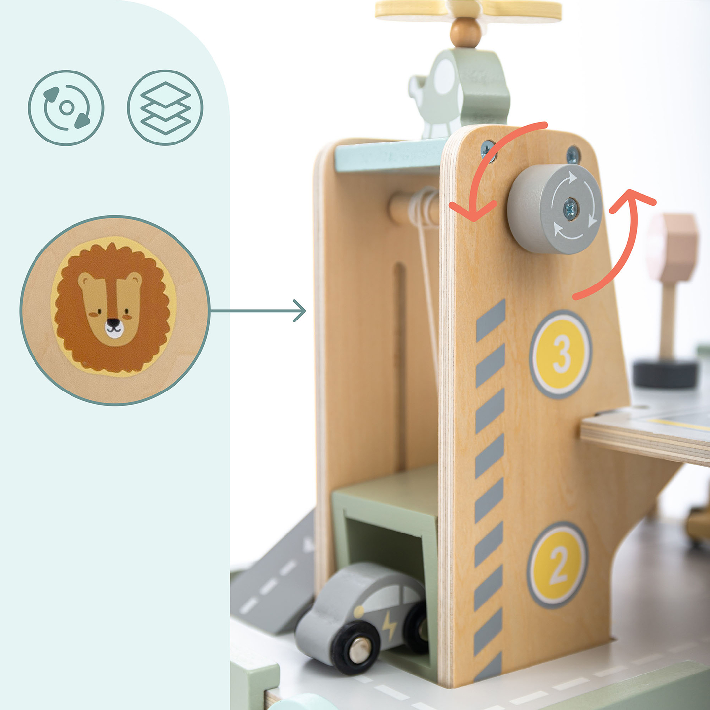 Koka trīsstāvu garāža bērniem ar aksesuāriem – autostāvvieta, degvielas uzpildes stacija, automazgātava, helikopters