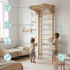 Koka vingrošanas kāpnes bērniem ar aksesuāriem - šķīvju šūpolēm, vingrošanas riņķiem un virvju kāpnēm