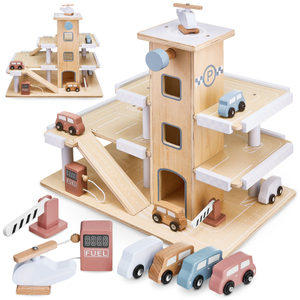 Koka trīsstāvu autostāvvieta ar liftu - garāža ar automašīnām un helikopteru