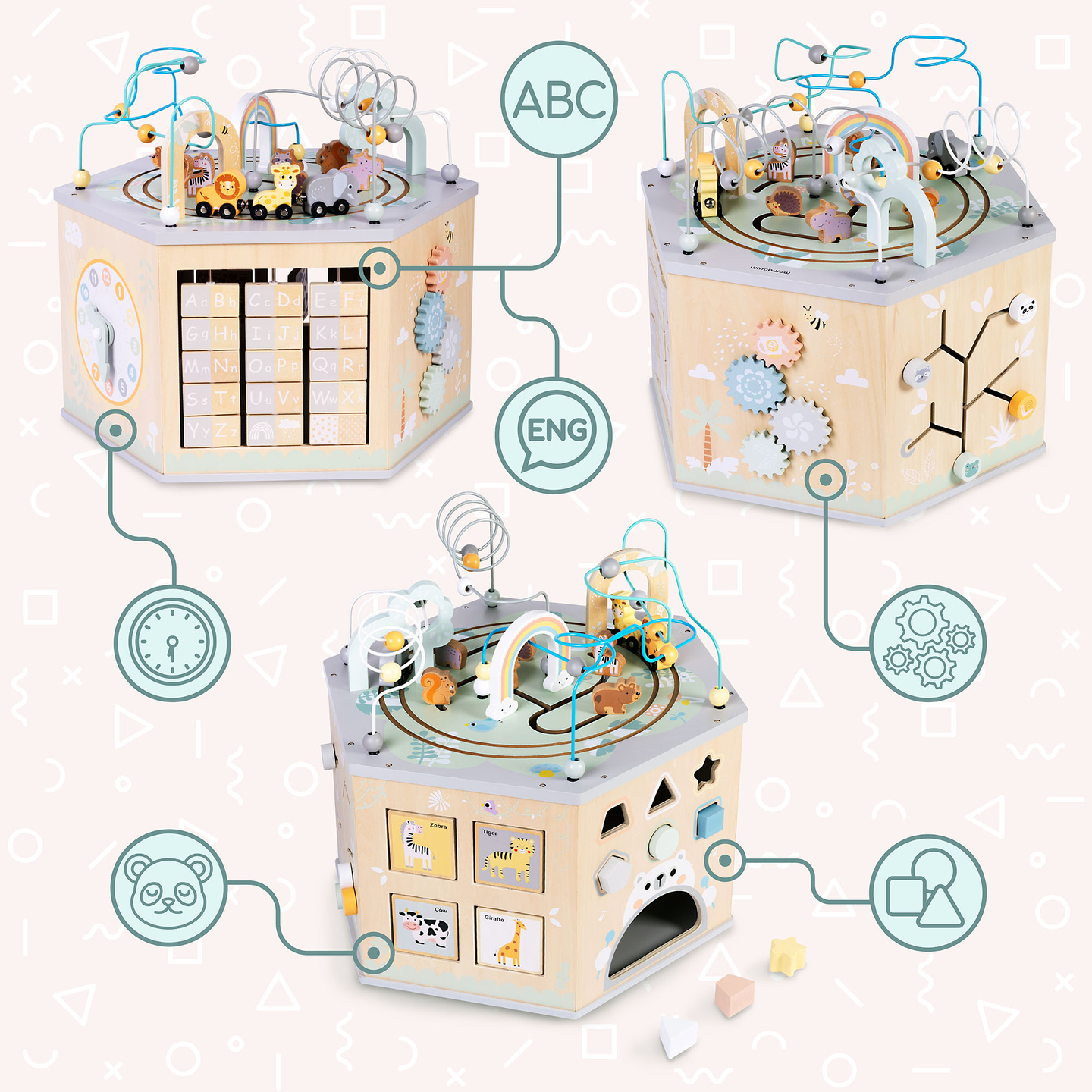 Liels koka izglītojošs kubs - Montessori rotaļlieta ar magnētisku vilcieniņu un motora cilpām