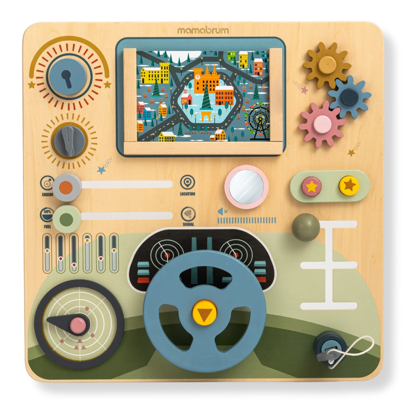 Koka Montessori dēlis 2 vienā kabīne mazajam vadītājam un pilotam – stūre, pārnesumu pārslēgs, ceļojumu kartes, radars