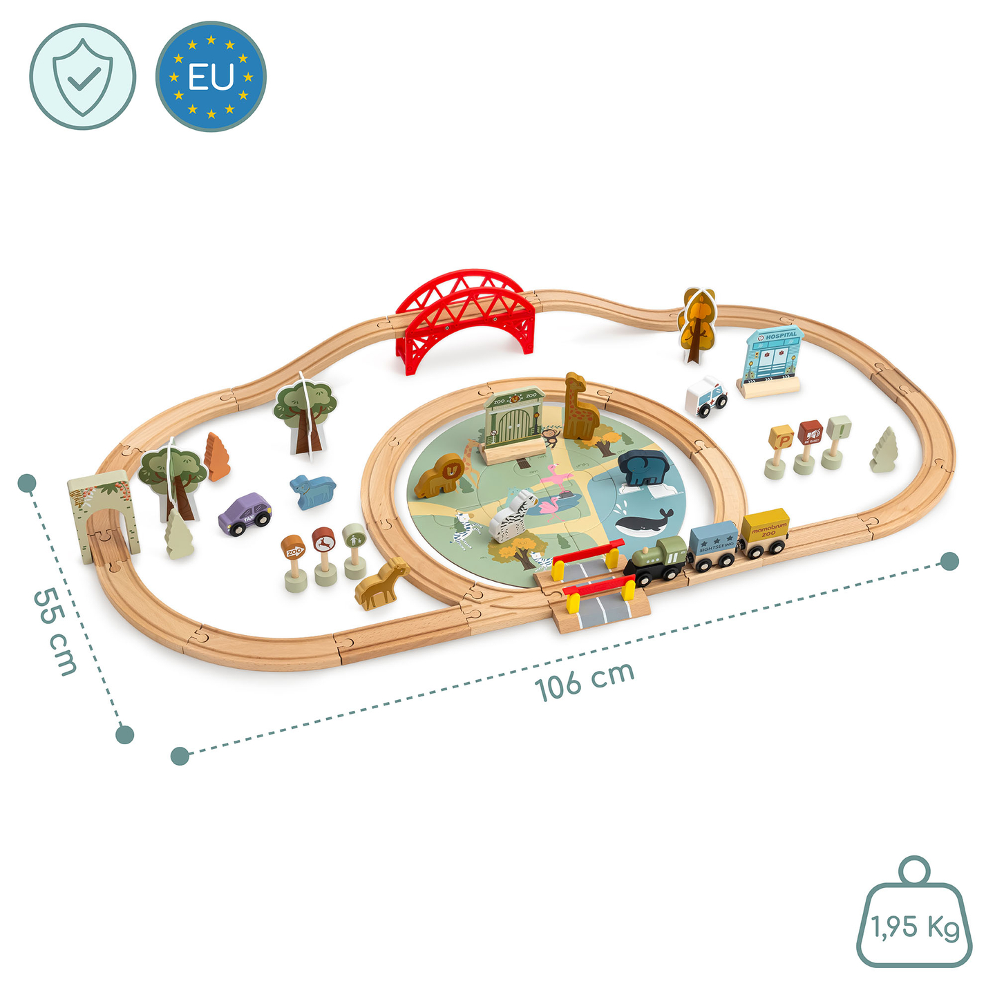 Koka zoodārza vilcieniņš – puzle, vilcieniņš, sliedes, dzīvnieki, tilts, barjera