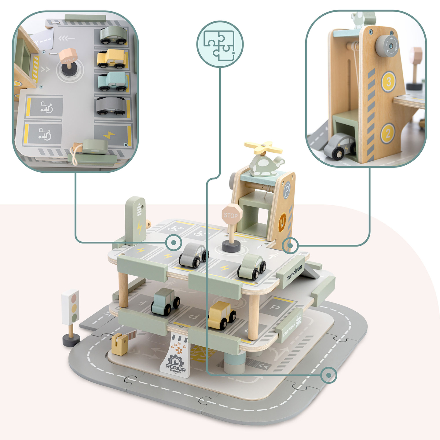 Koka trīsstāvu garāža bērniem ar aksesuāriem – autostāvvieta, degvielas uzpildes stacija, automazgātava, helikopters