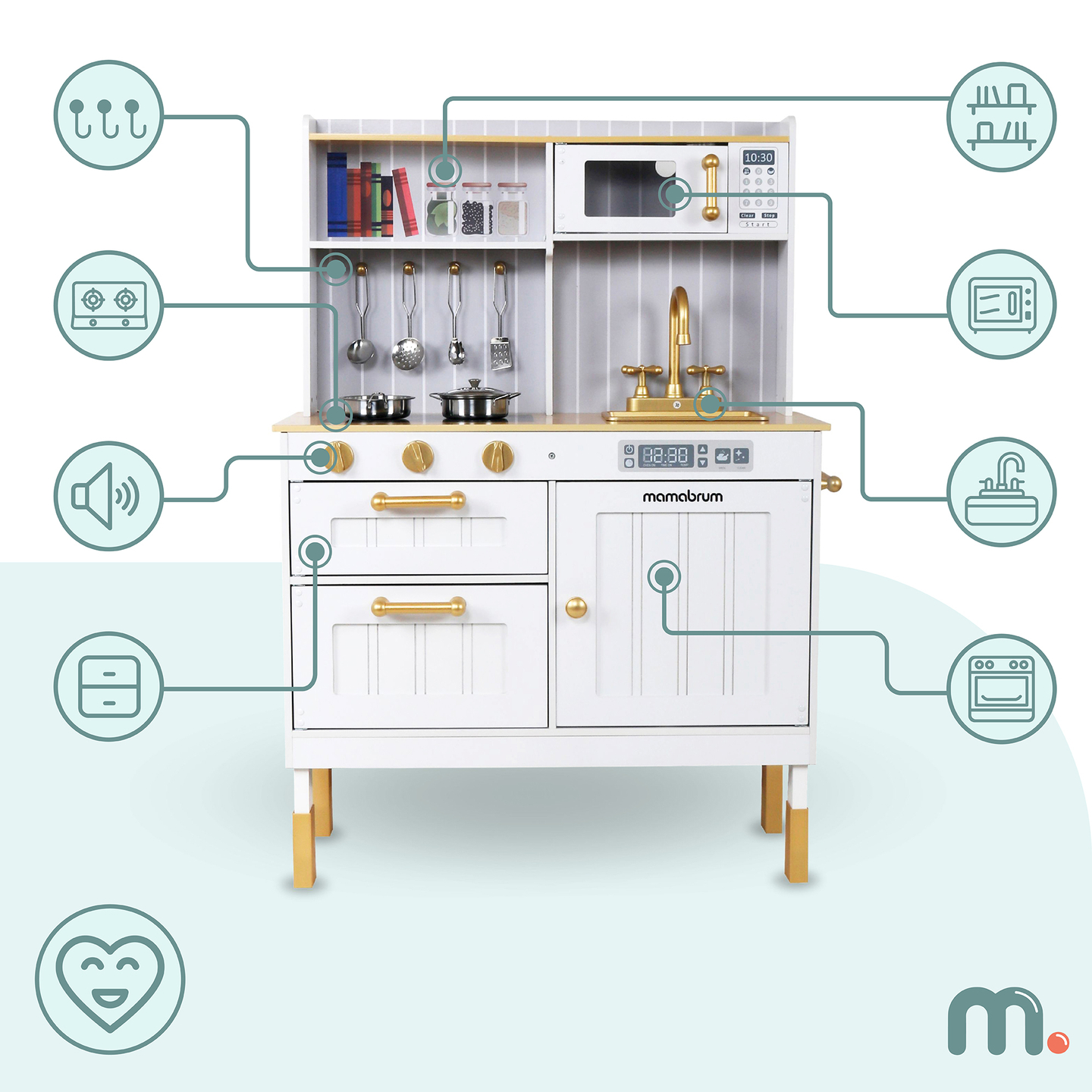 Koka balta virtuve ar piederumiem un priekšautu