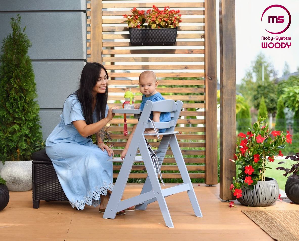 Koka barošanas krēsls Moby-System WOODY - pelēka krāsa