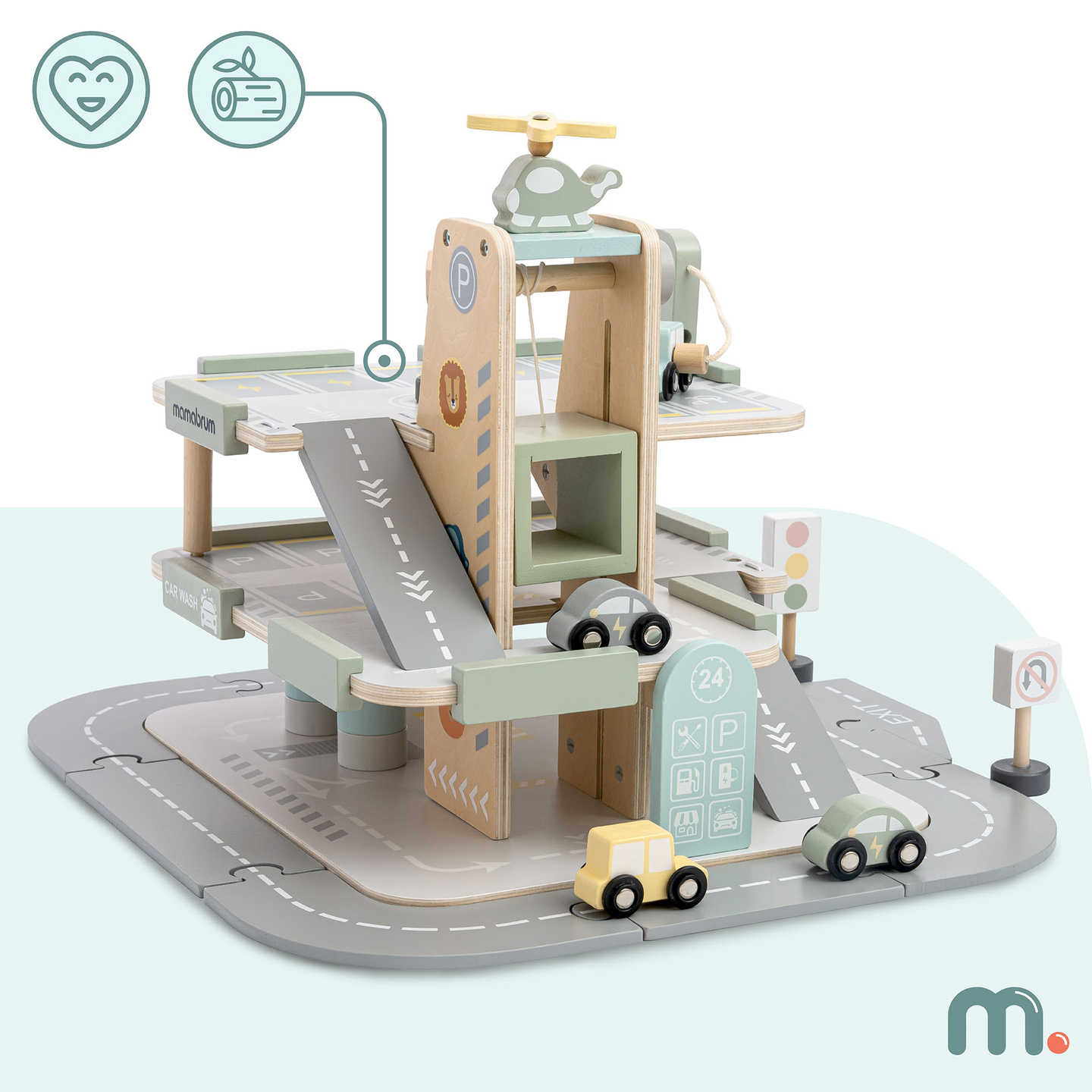 Koka trīsstāvu garāža bērniem ar aksesuāriem – autostāvvieta, degvielas uzpildes stacija, automazgātava, helikopters