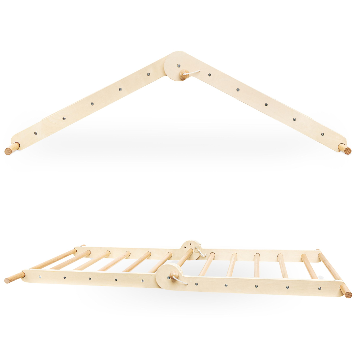 Koka, paštaisīts bērnu rotaļu laukums - kāpnes + kāpšanas siena + līdzsvara sija - Piklera trīsstūris