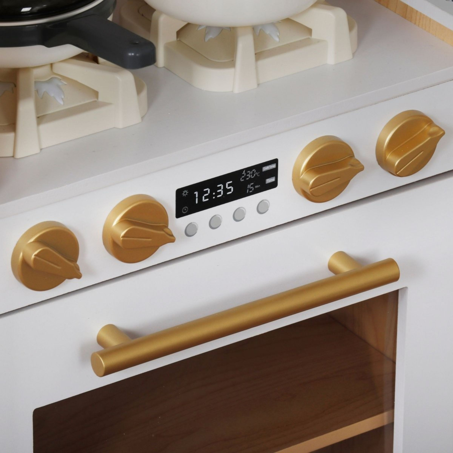 XXXXL liela koka interaktīvā virtuve ar LED apgaismojumu, veļas mašīnu, mikroviļņu krāsns kafijas automātu un augļu un dārzeņu komplektu - 50 elementi