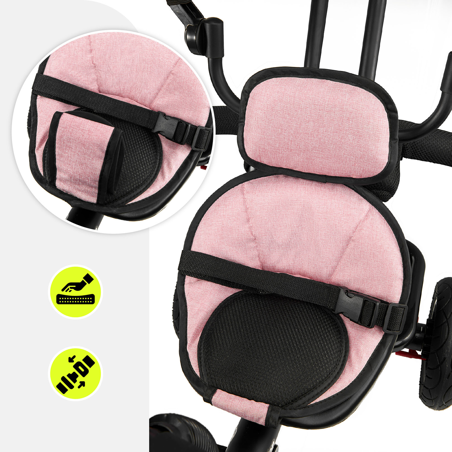 Tricikls bērniem no 1 līdz 4 gadiem - TOBI FREY - rozā krāsā - grozāms - sūkņa riteņi + stūmējs