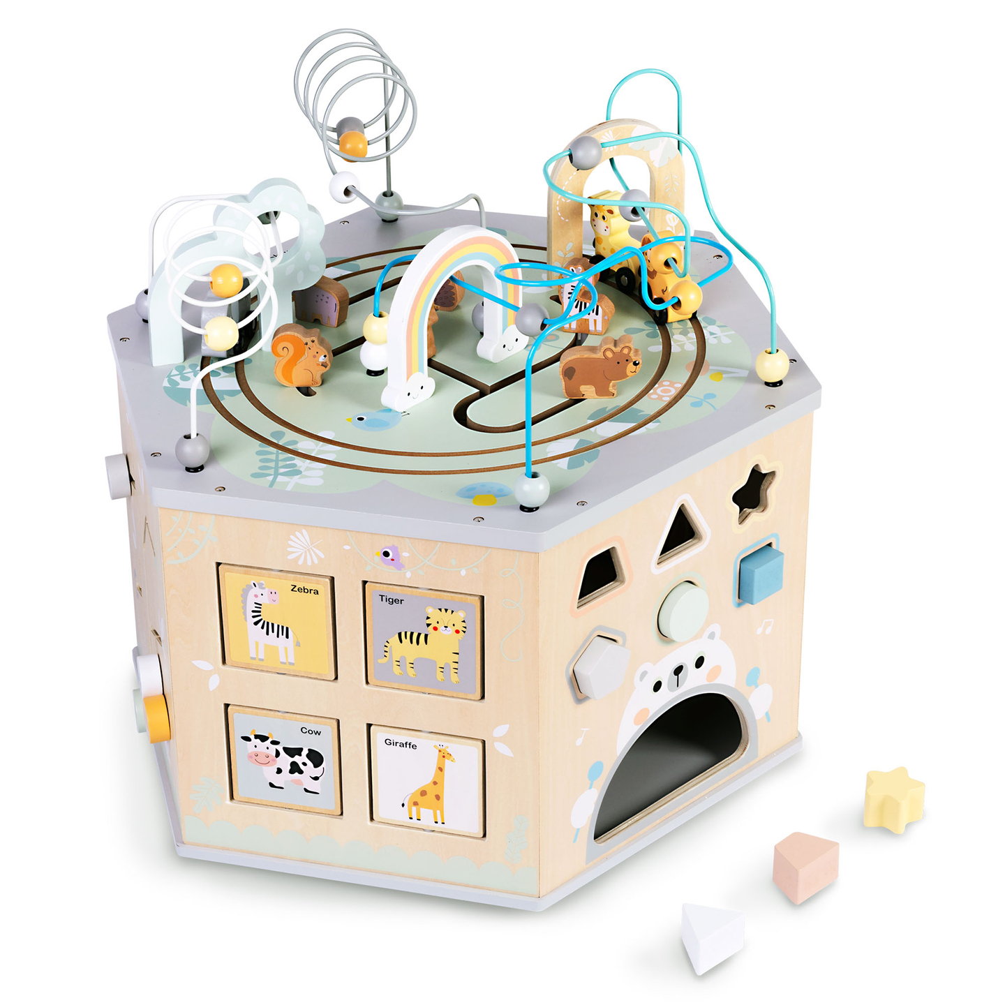 Liels koka izglītojošs kubs - Montessori rotaļlieta ar magnētisku vilcieniņu un motora cilpām