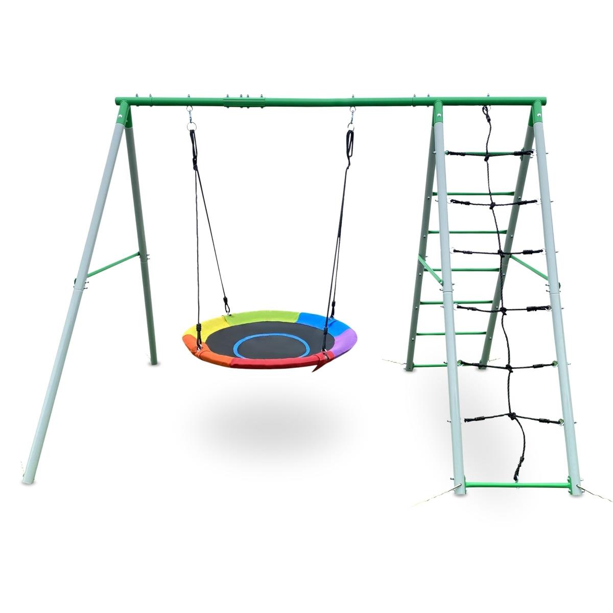 XL dārza rotaļu laukums bērniem ar stārķa ligzdas šūpolēm, kāpnēm un kāpšanas tīklu