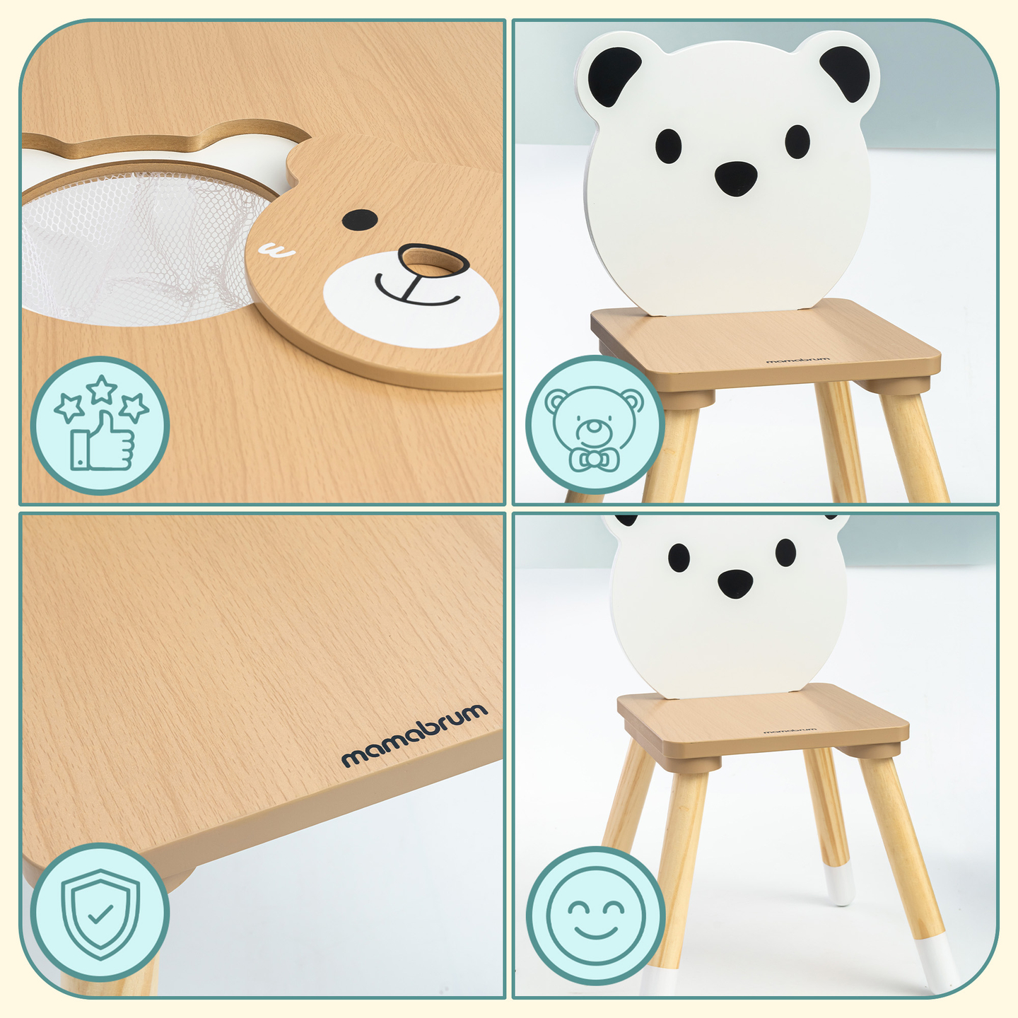 Koka galds ar atvilktni un 2 krēsliem. Bērnu komplekts - jauks rotaļu lācītis