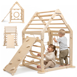 Koka iekštelpu rotaļu laukums bērniem - mājiņa ar kāpnēm un slidkalniņu