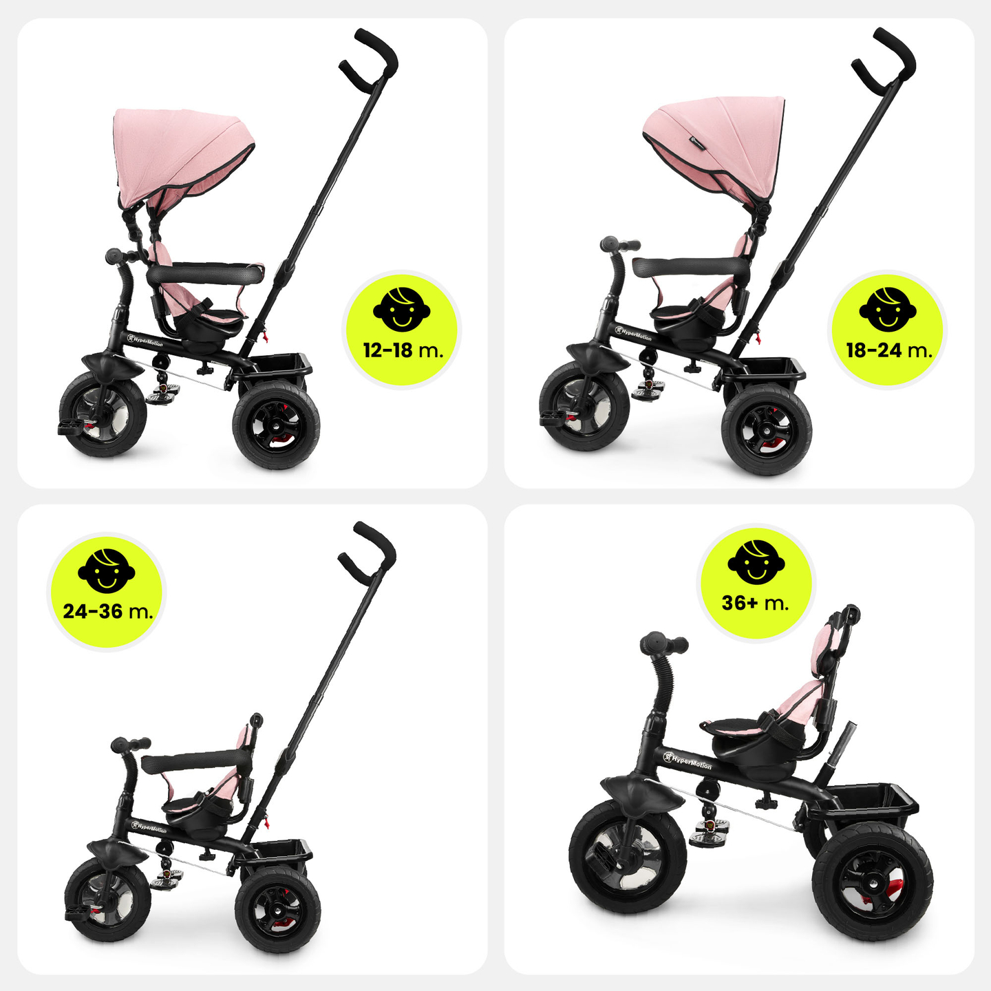 Tricikls bērniem no 1 līdz 4 gadiem - TOBI FREY - rozā krāsā - grozāms - sūkņa riteņi + stūmējs