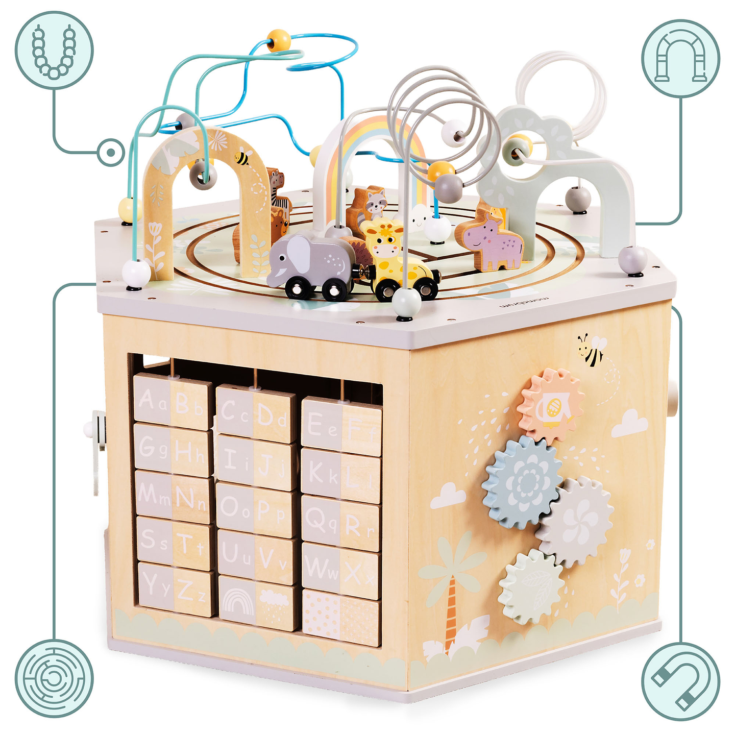 Liels koka izglītojošs kubs - Montessori rotaļlieta ar magnētisku vilcieniņu un motora cilpām
