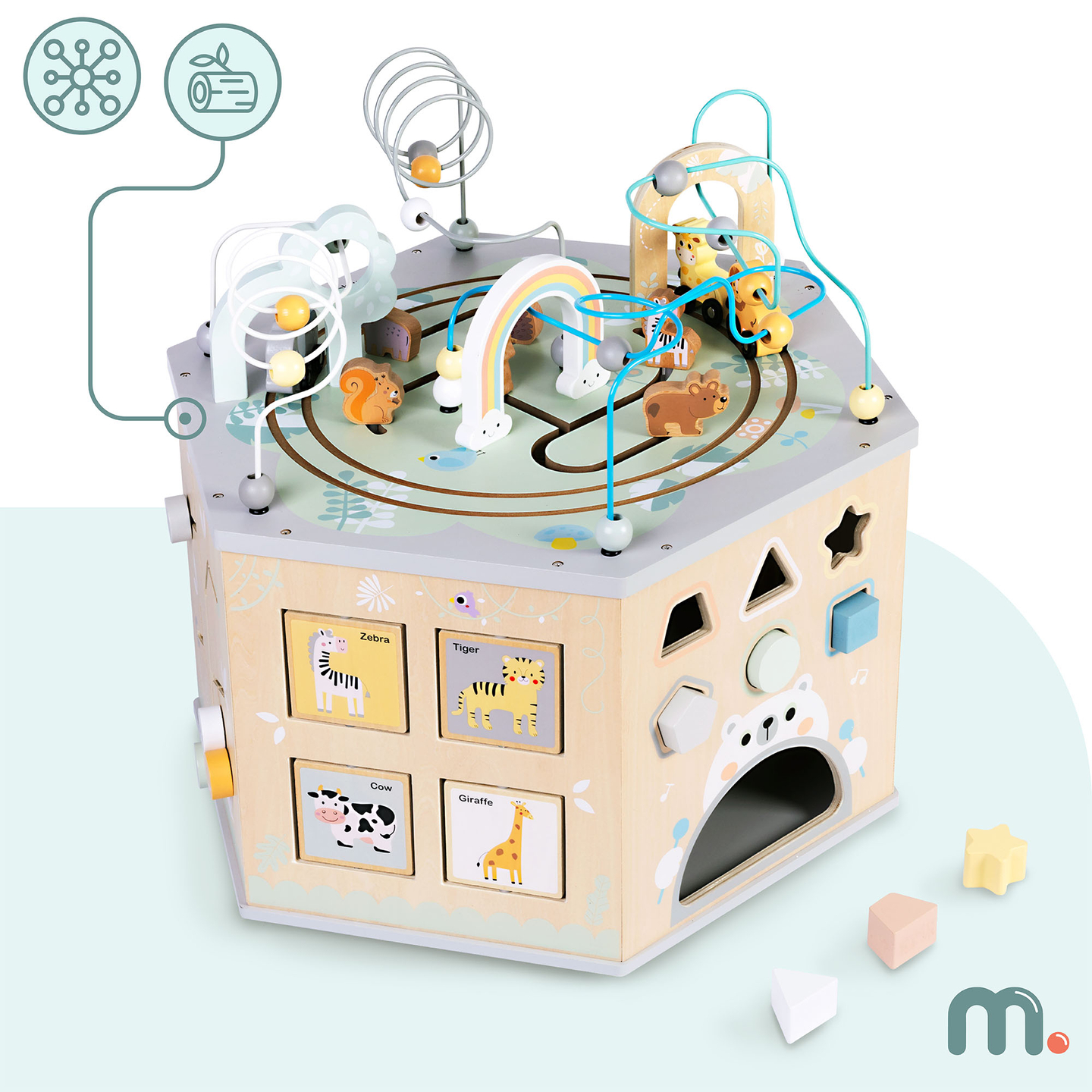 Liels koka izglītojošs kubs - Montessori rotaļlieta ar magnētisku vilcieniņu un motora cilpām