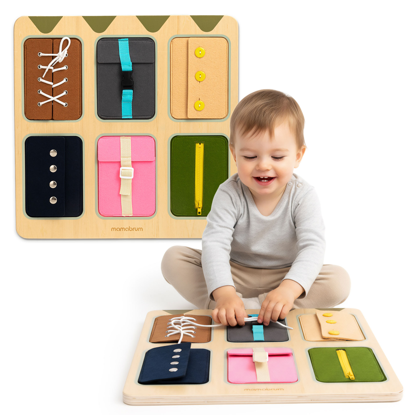 Koka Montessori manipulatīvais dēlis – Sensorā neatkarības apguve - šņores, sprādzes, pogas, spiedpogas, rāvējslēdzējs