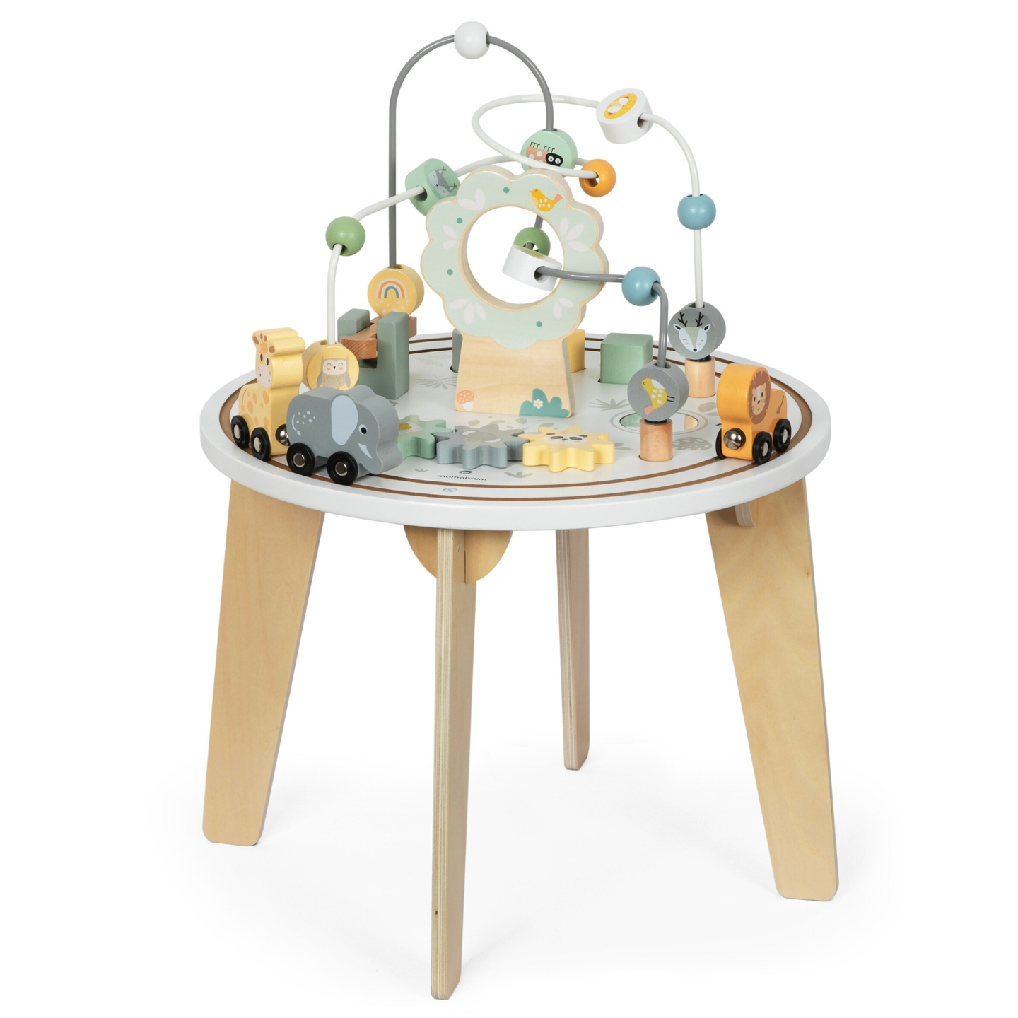 Koka apaļš izglītojošs galds ar magnētisko vilcieniņu un pērlīšu palaišanas ierīci