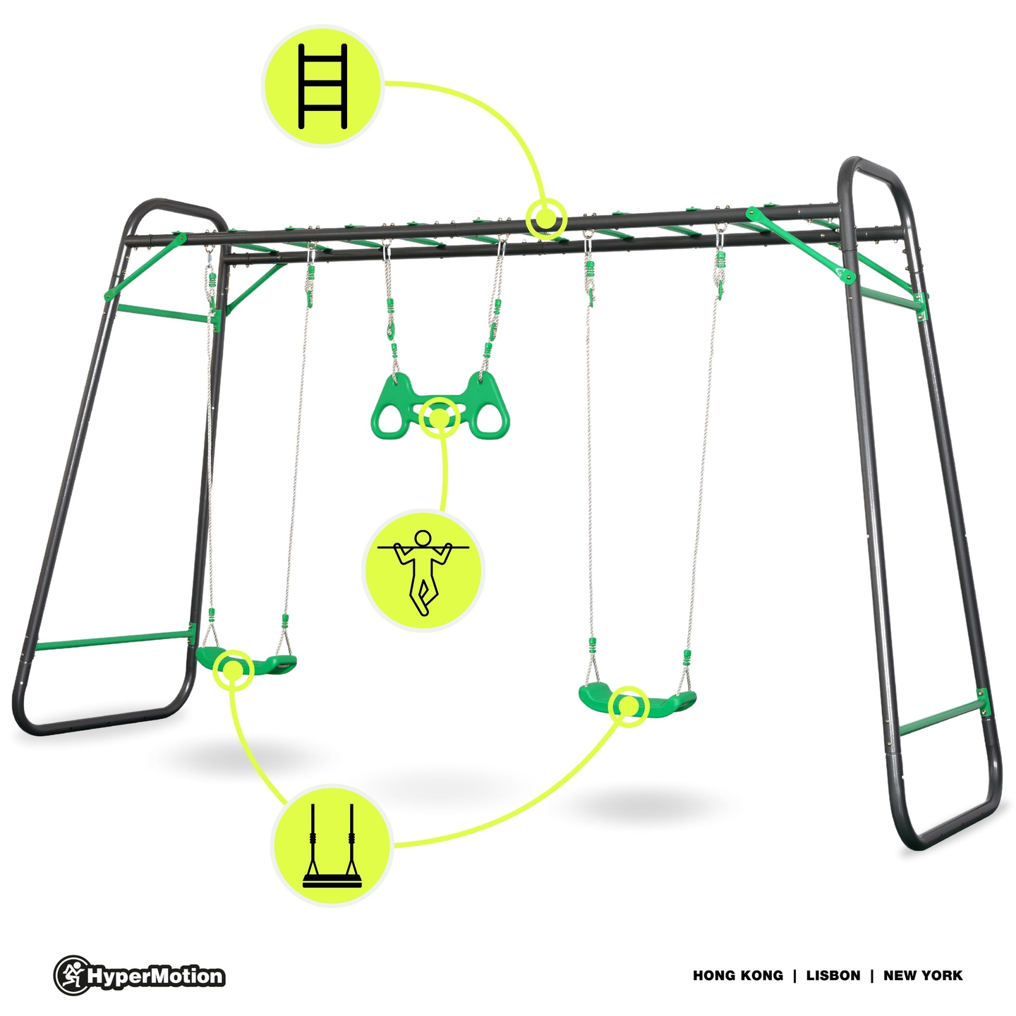 XXL tērauda dārza šūpoles - 2 sēdvietas, kāpnes, vingrošanas trapeces