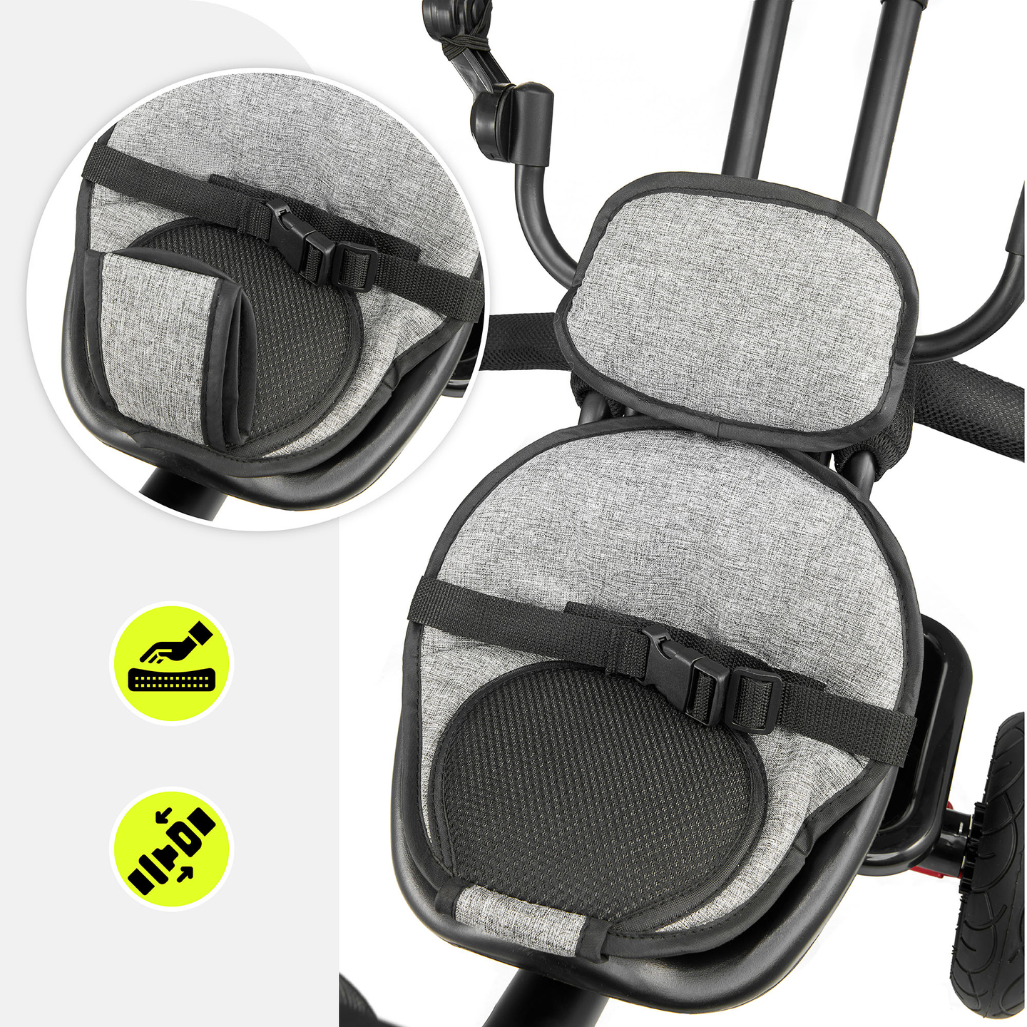 Tricikls bērniem no 1 līdz 4 gadiem - TOBI FREY - pelēka krāsa - grozāms - sūkņa riteņi + stūmējs