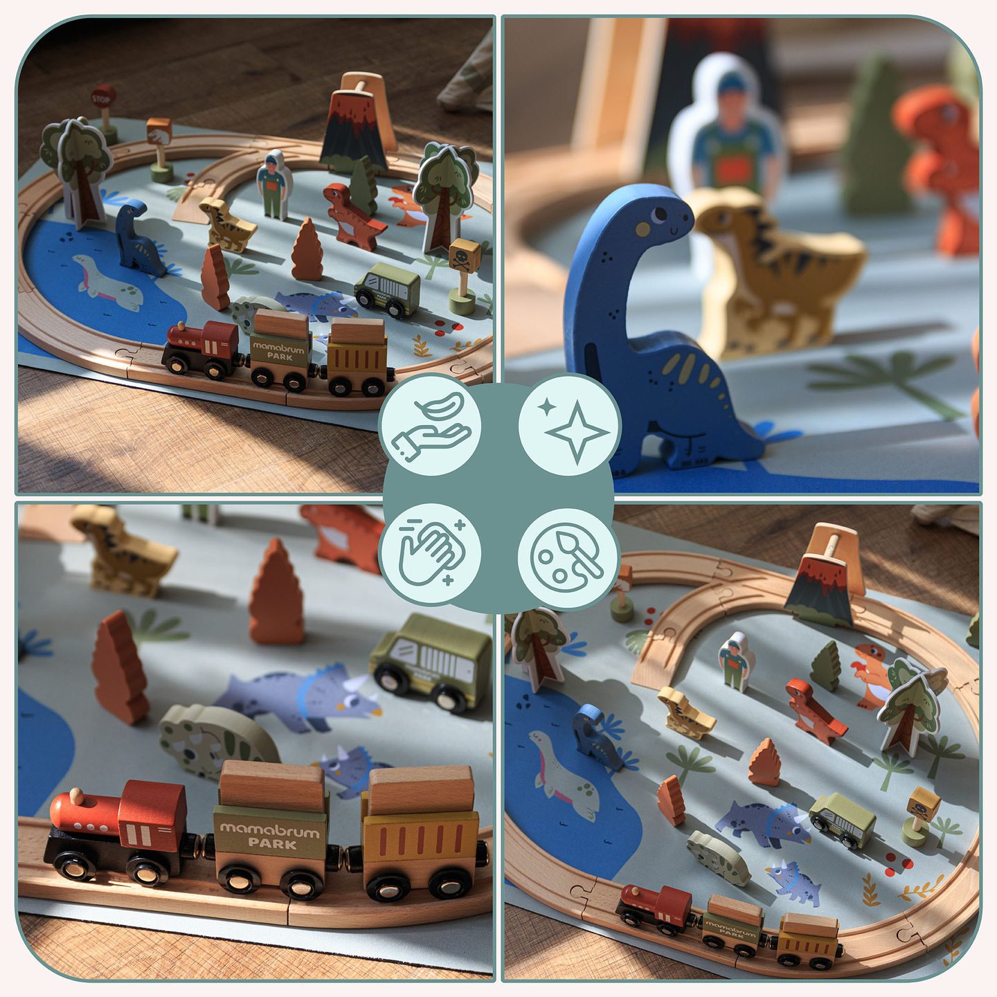 Dino Park koka vilcieniņš ar neslīdošu paklāju - dinozauri, vilcieniņš, sliedes, vulkāns, zvaniņš