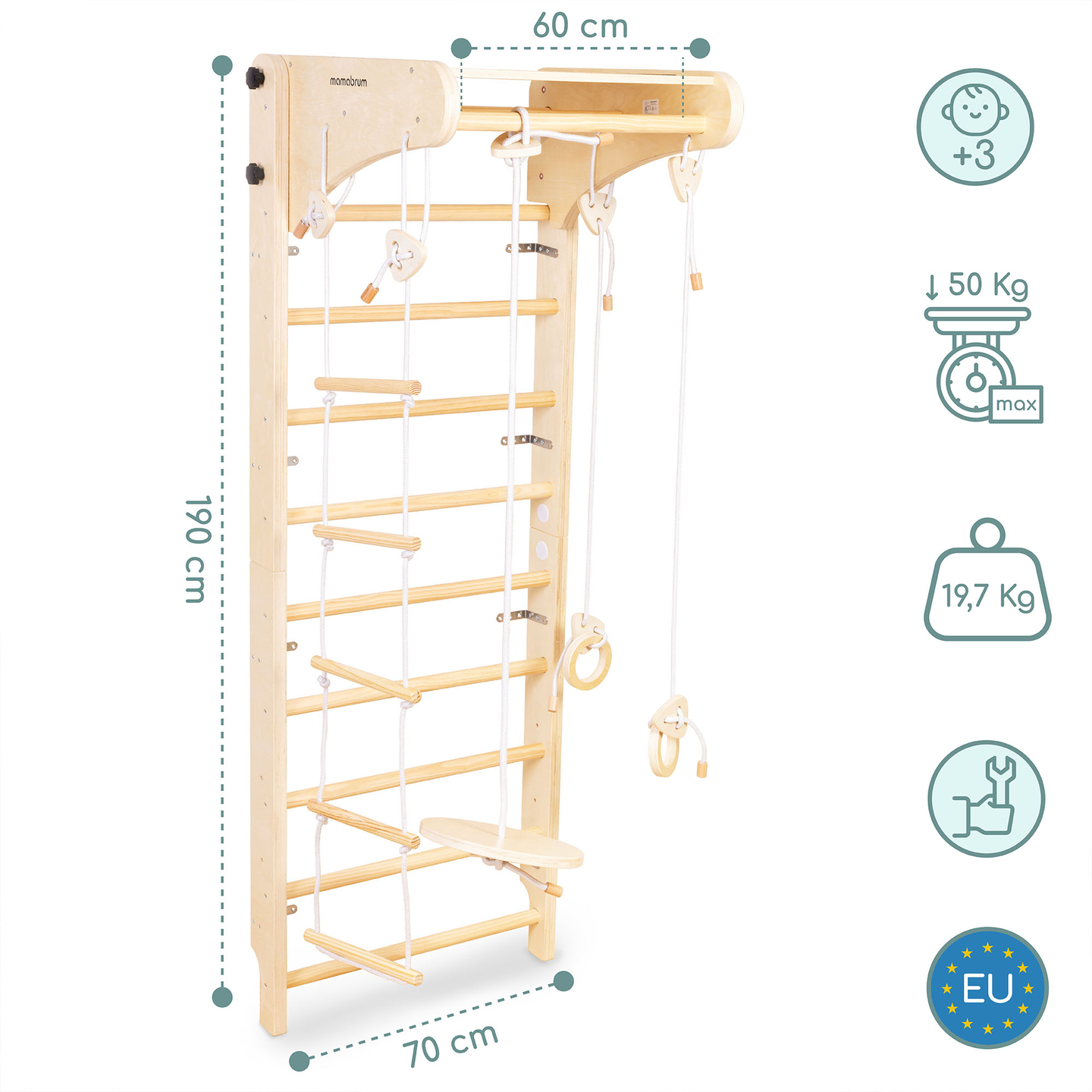 Koka vingrošanas kāpnes bērniem ar aksesuāriem - šķīvju šūpolēm, vingrošanas riņķiem un virvju kāpnēm
