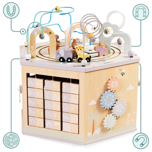 Liels koka izglītojošs kubs - Montessori rotaļlieta ar magnētisku vilcieniņu un motora cilpām