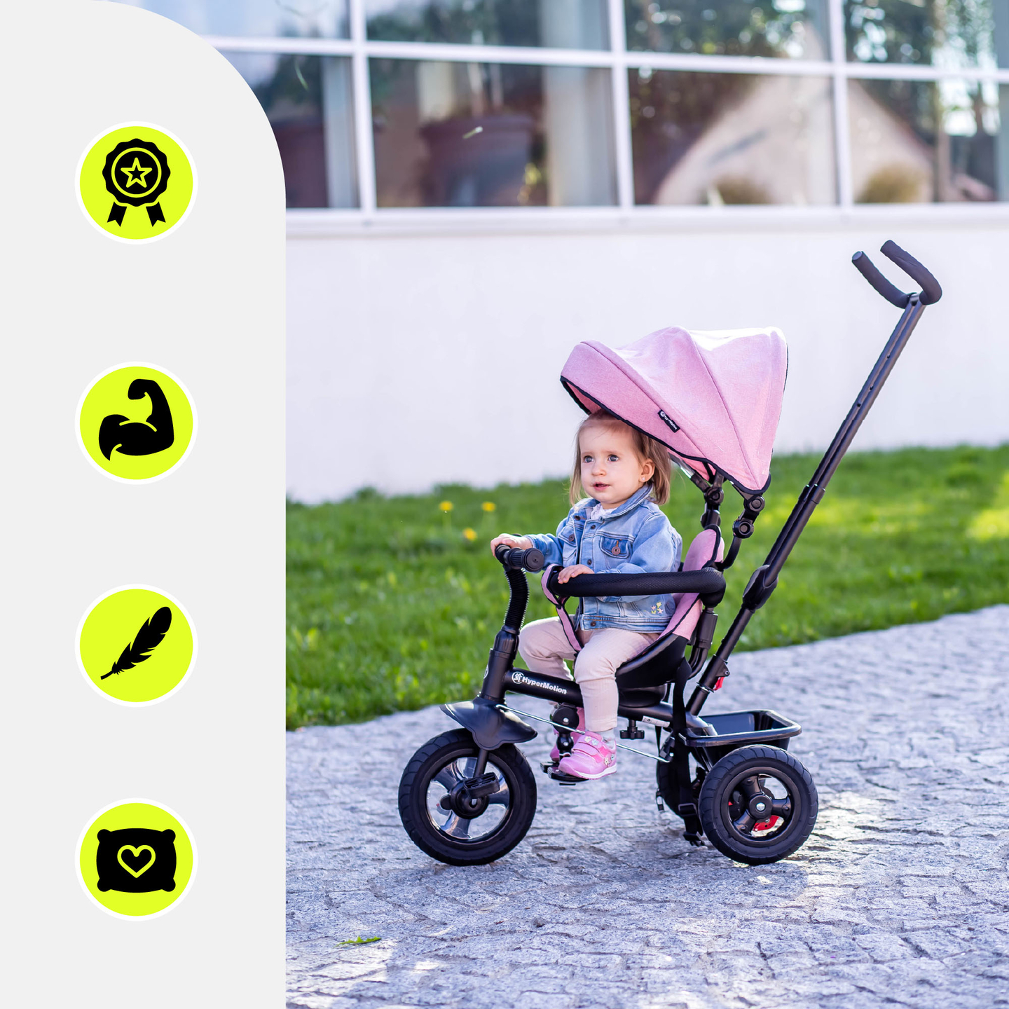 Tricikls bērniem no 1 līdz 4 gadiem - TOBI FREY - rozā krāsā - grozāms - sūkņa riteņi + stūmējs