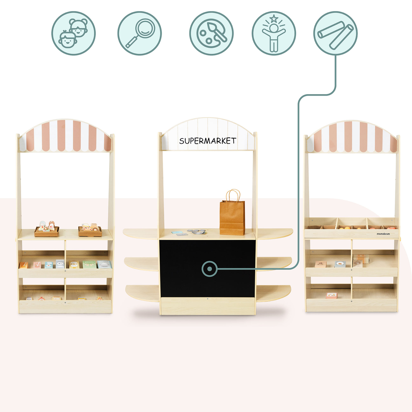 Liels koka bērnu veikals ar tāfeli - 91 detaļa iepirkšanās priekam!