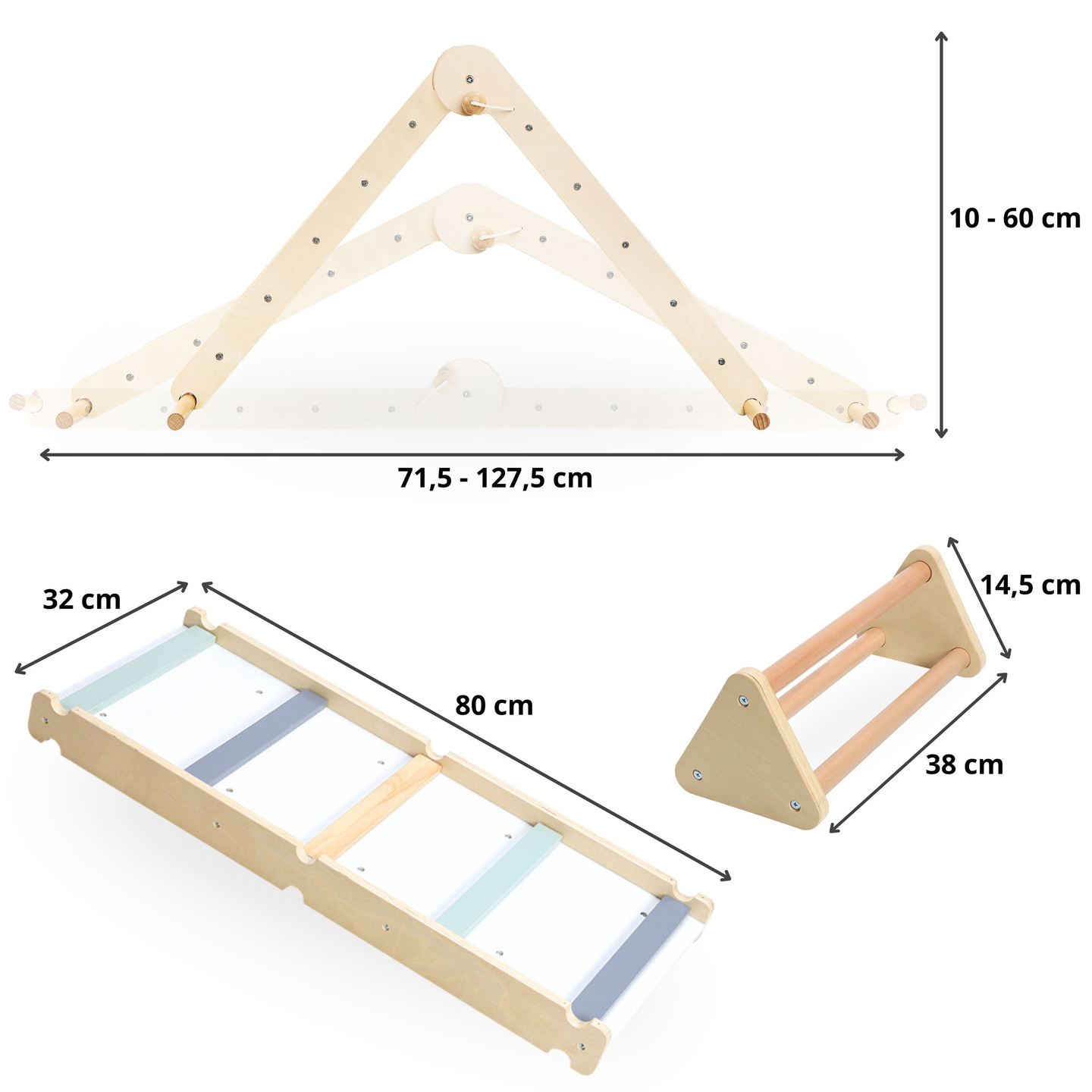 Koka, paštaisīts bērnu rotaļu laukums - kāpnes + kāpšanas siena + līdzsvara sija - Piklera trīsstūris