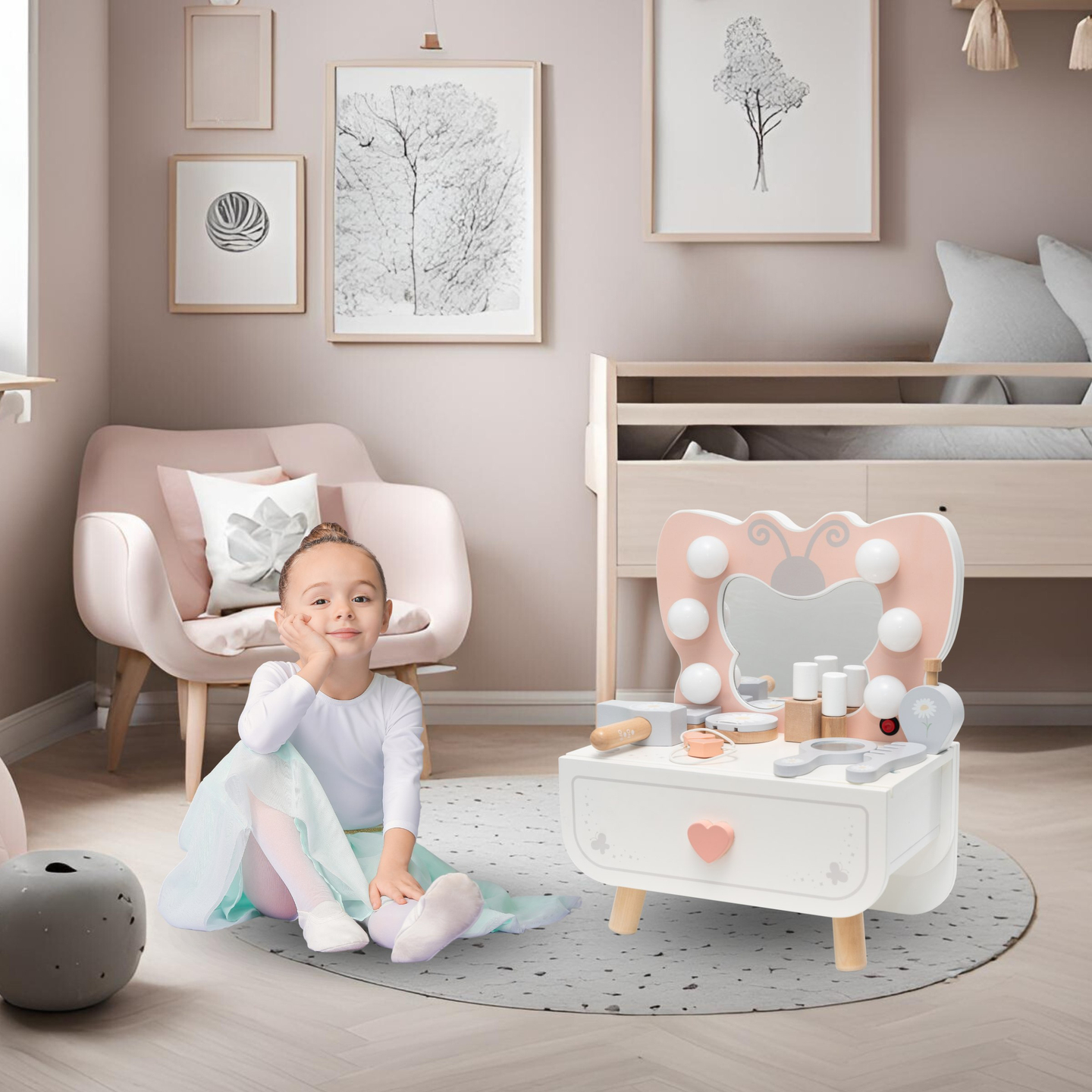 Koka mini tualetes galdiņš ar LED apgaismojumu - Butterfly