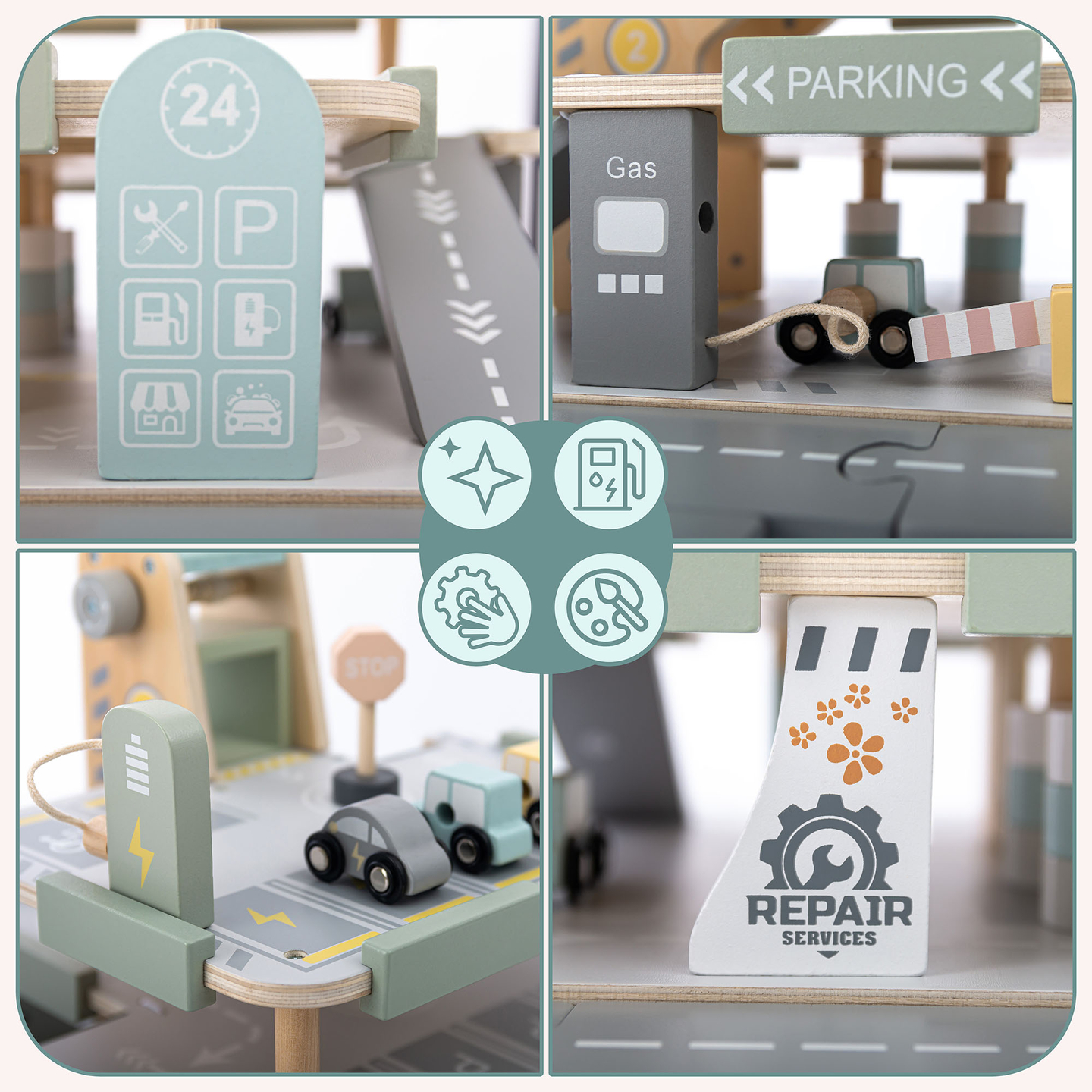 Koka trīsstāvu garāža bērniem ar aksesuāriem – autostāvvieta, degvielas uzpildes stacija, automazgātava, helikopters