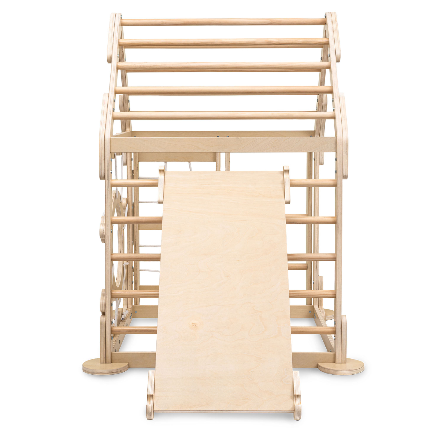 Koka iekštelpu rotaļu laukums bērniem - mājiņa ar kāpnēm un slidkalniņu