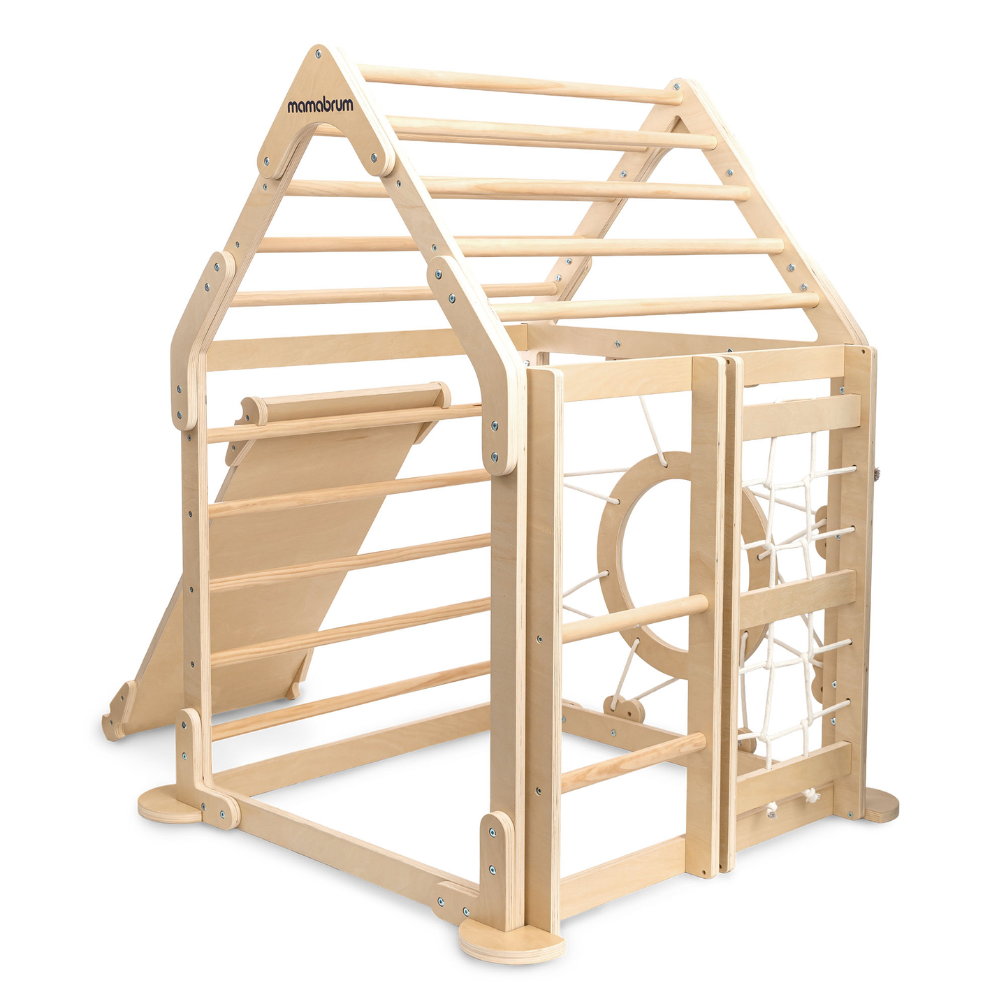 Koka iekštelpu rotaļu laukums bērniem - mājiņa ar kāpnēm un slidkalniņu