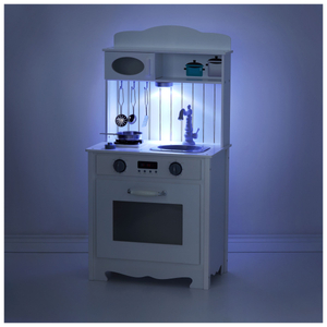 Balta koka virtuve ar priekšautu, piederumiem un LED lampu