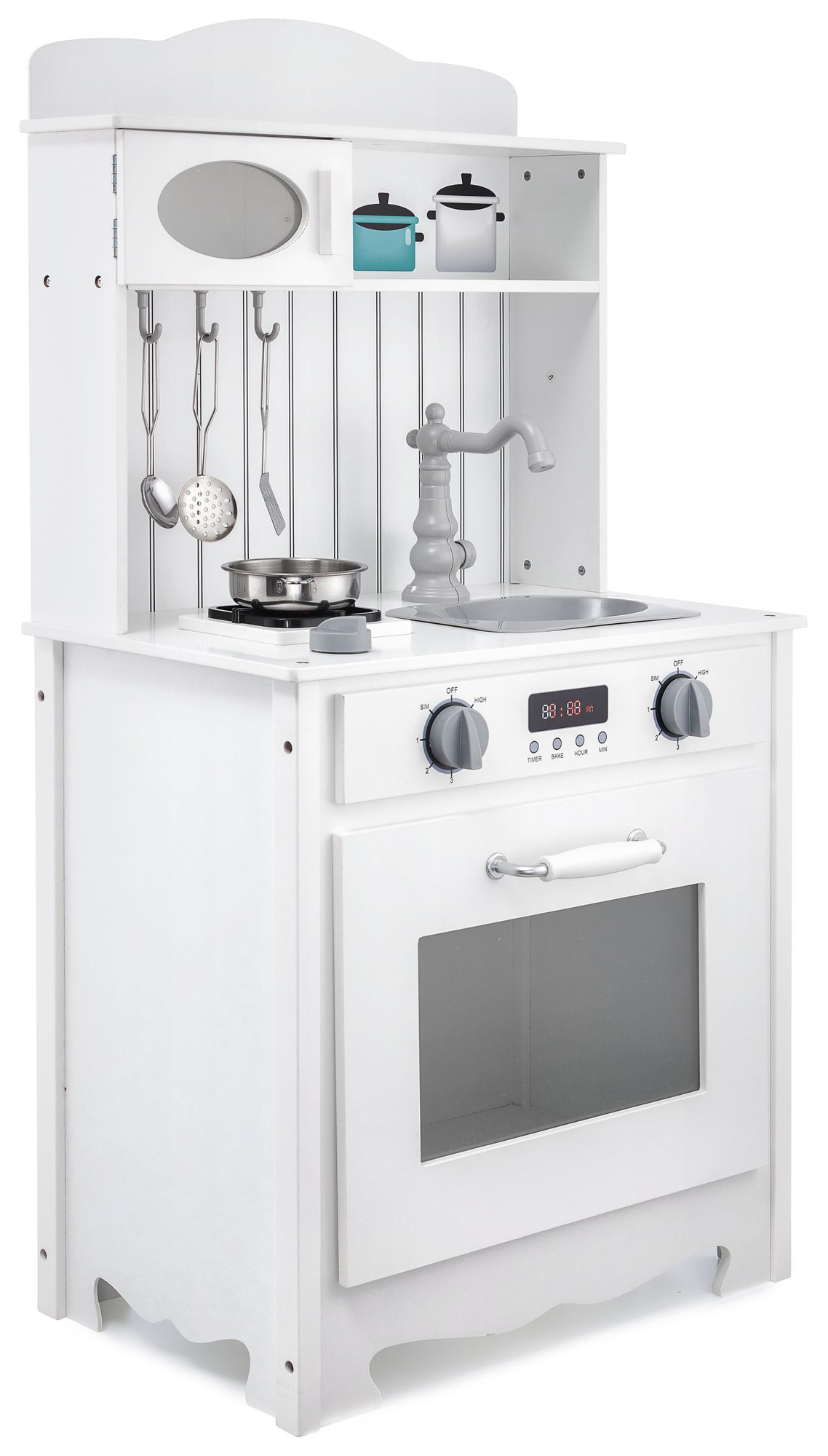 Balta koka virtuve ar priekšautu, piederumiem un LED lampu