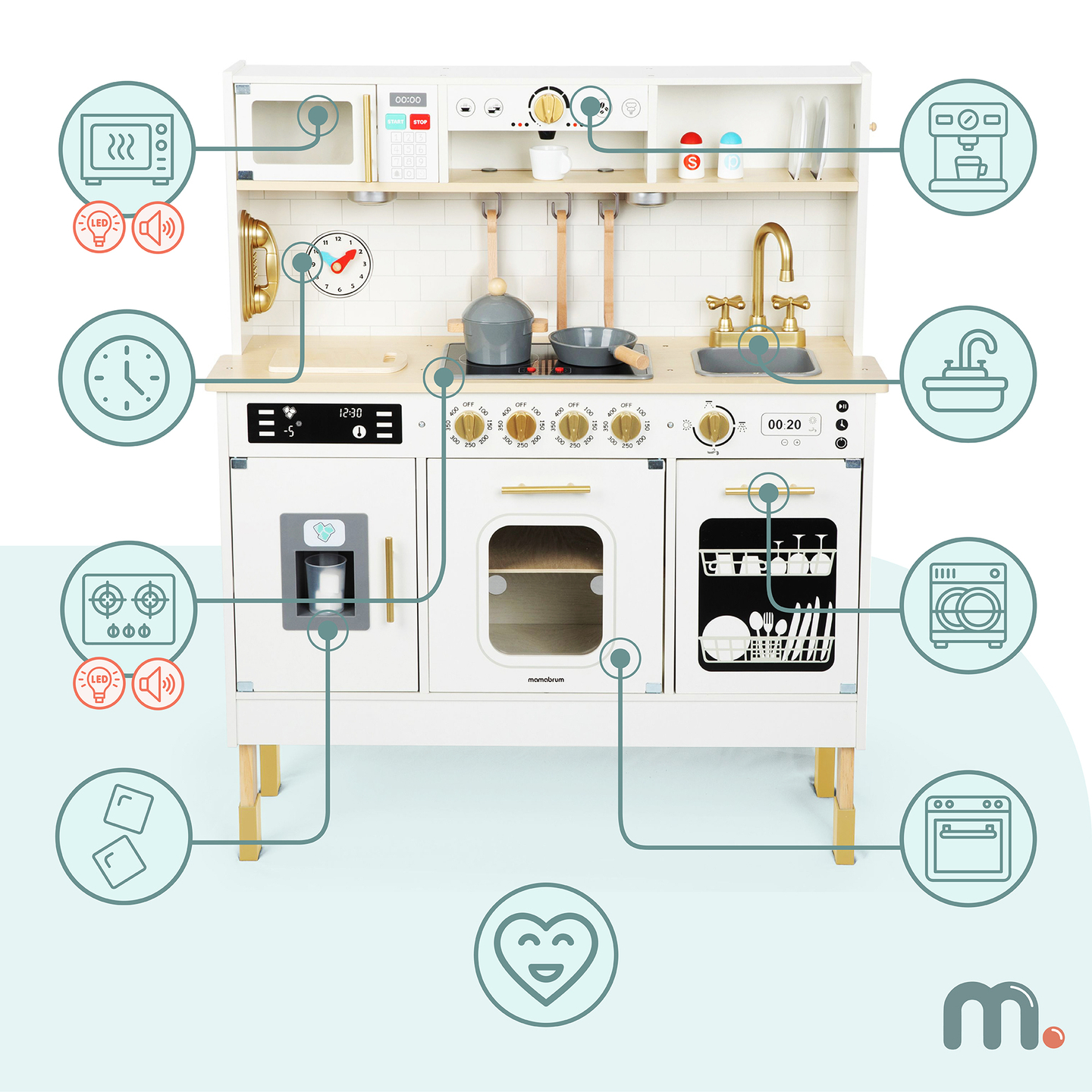 Interaktīvā XXL koka virtuve ar piederumiem un LED apgaismojumu - divlīmeņu