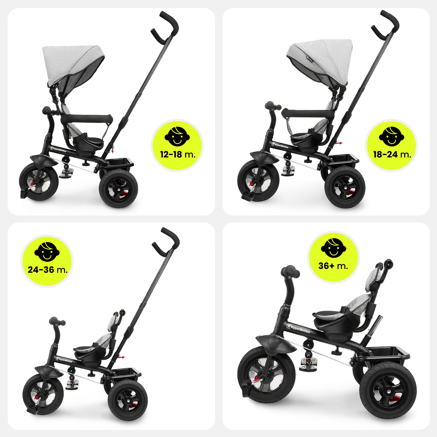 Tricikls bērniem no 1 līdz 4 gadiem - TOBI FREY - pelēka krāsa - grozāms - sūkņa riteņi + stūmējs