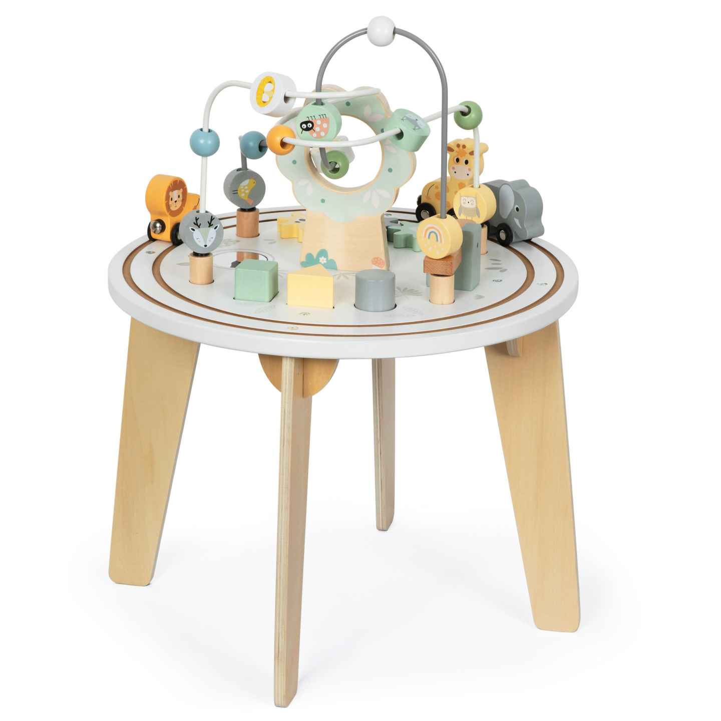 Koka apaļš izglītojošs galds ar magnētisko vilcieniņu un pērlīšu palaišanas ierīci