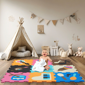 Izglītojošs putuplasta puzles paklājs 90 x 90 x 1cm - EVA putas - dizains: instrumenti