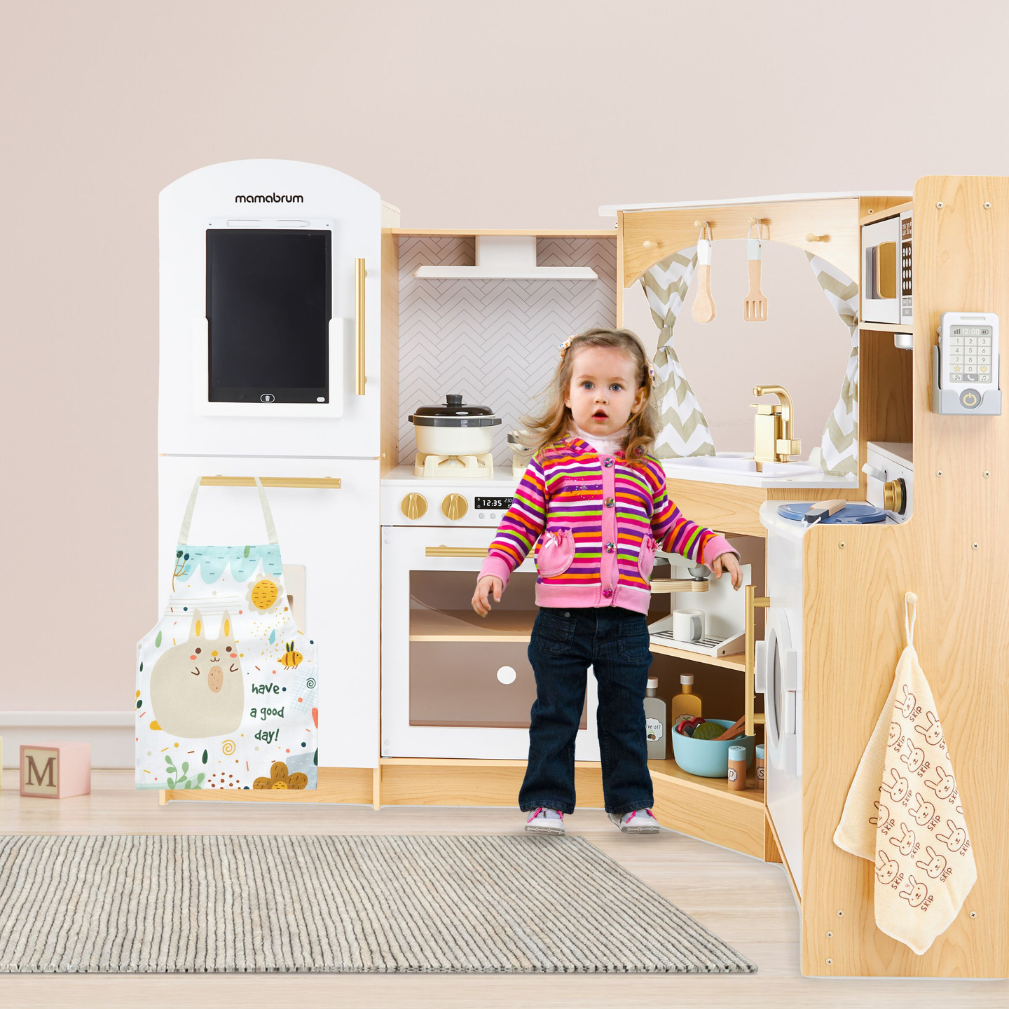 XXXXL liela koka interaktīvā virtuve ar LED apgaismojumu, veļas mašīnu, mikroviļņu krāsns kafijas automātu un augļu un dārzeņu komplektu - 50 elementi