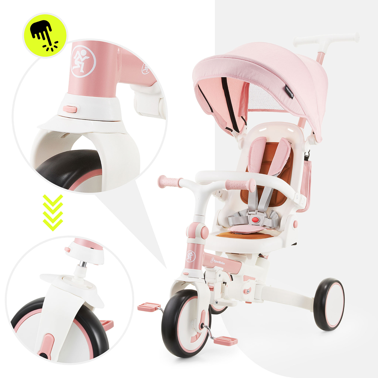 8in1 daudzfunkcionāls trīsritenis TOBI FOREST - rozā krāsā