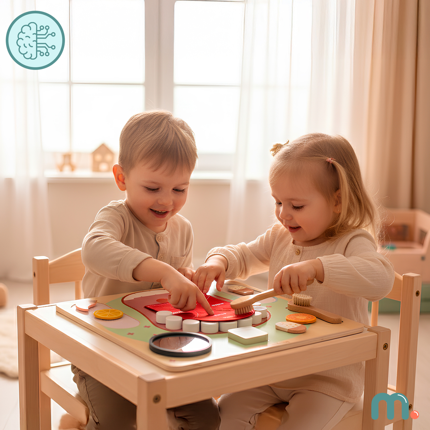 Koka Montessori mācību tāfele Mazais zobārsts - zobu birste, zobu pasta, izņemami zobi, spogulis, ēdiens, mācību garšas