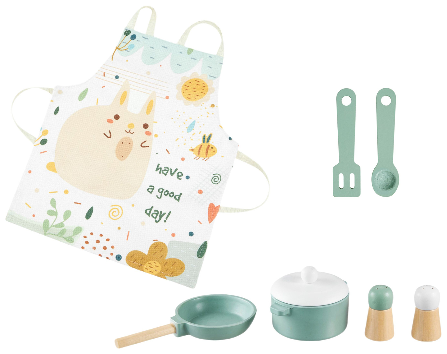 Koka virtuve ar priekšautu, aksesuāriem un LED apgaismojumu