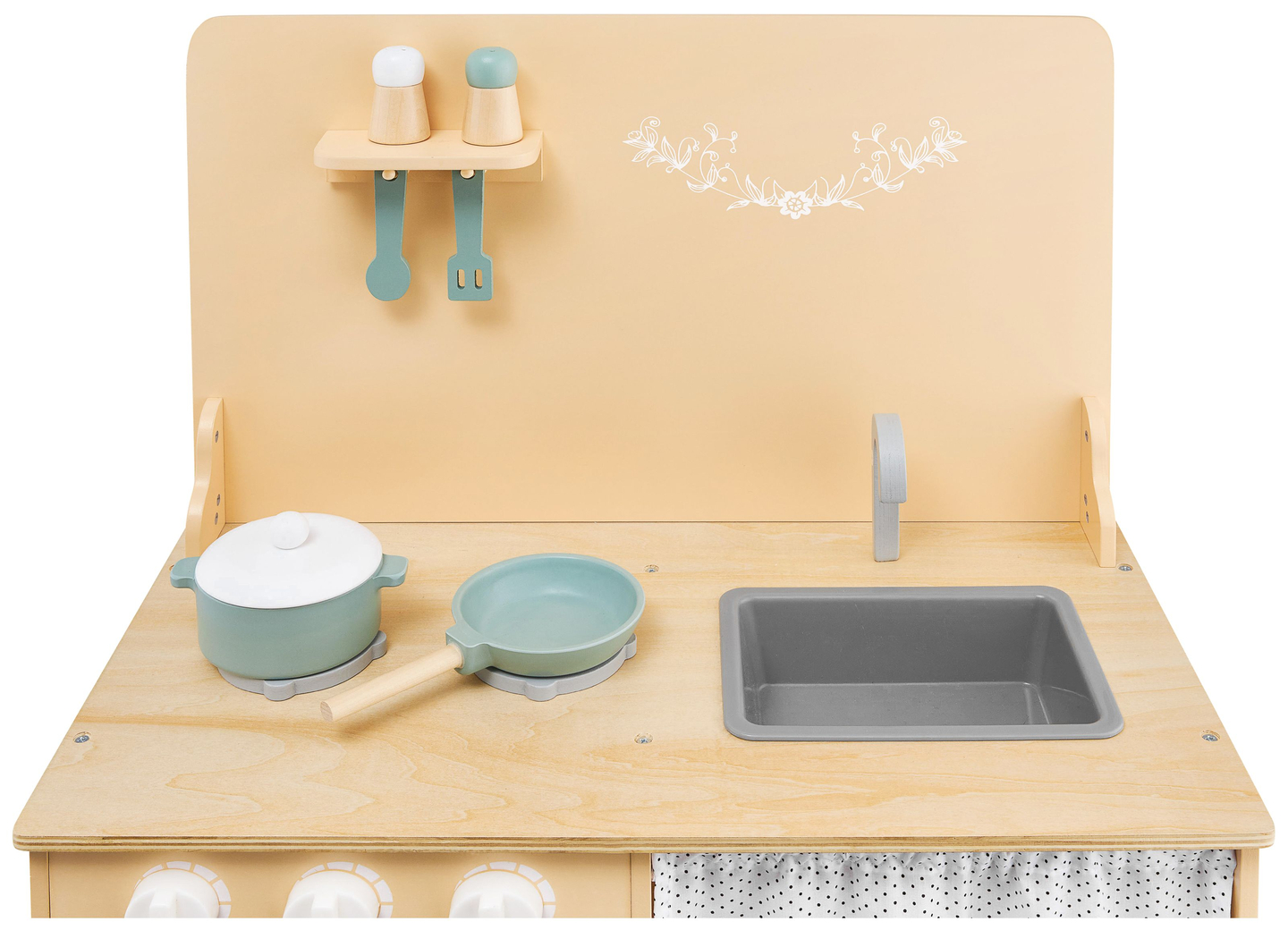 Koka virtuve ar priekšautu, aksesuāriem un LED apgaismojumu