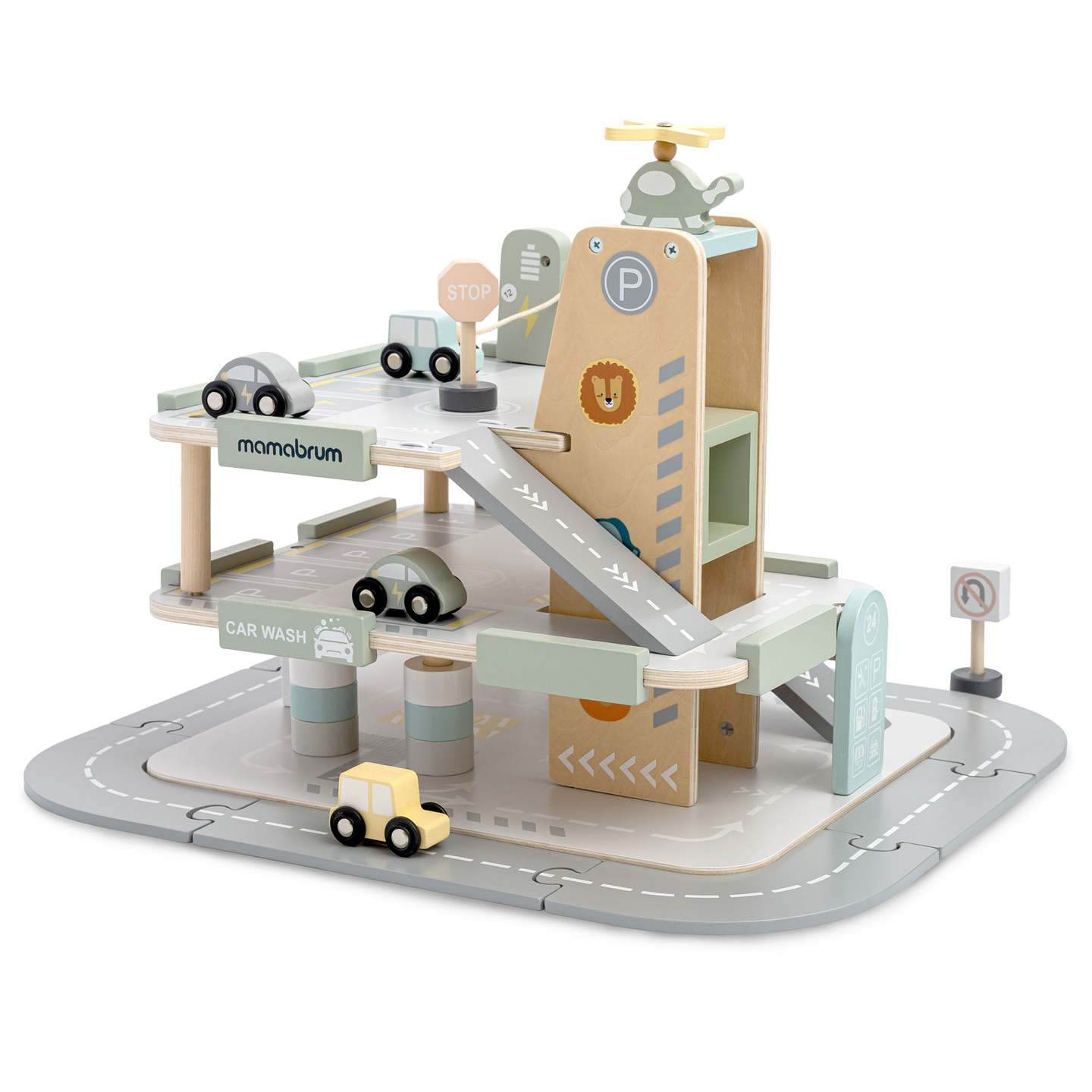 Koka trīsstāvu garāža bērniem ar aksesuāriem – autostāvvieta, degvielas uzpildes stacija, automazgātava, helikopters