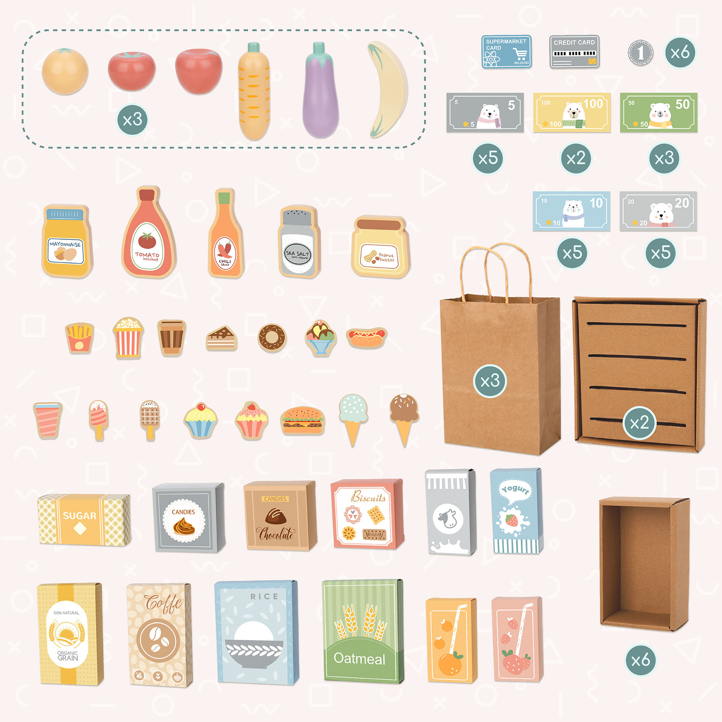 Liels koka bērnu veikals ar tāfeli - 91 detaļa iepirkšanās priekam!