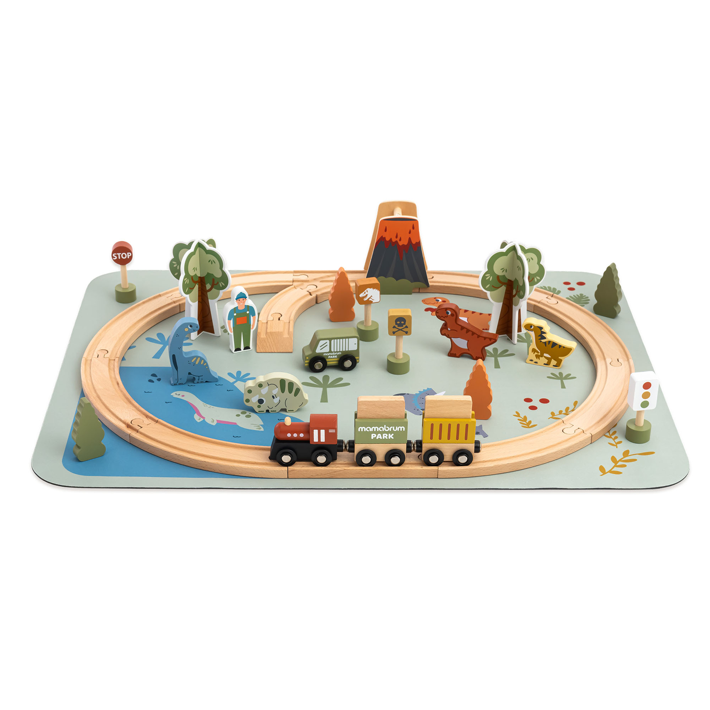 Dino Park koka vilcieniņš ar neslīdošu paklāju - dinozauri, vilcieniņš, sliedes, vulkāns, zvaniņš