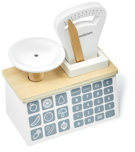 Mini tirdziņš - veikals ar svariem, terminālu, maksājumu karti un augļiem